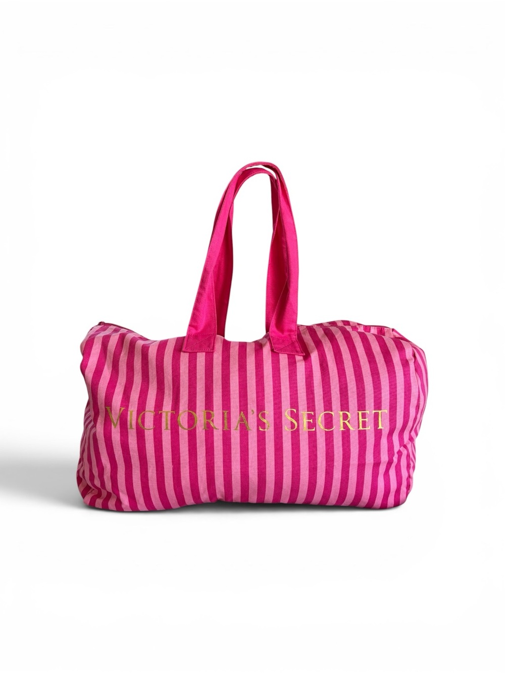 Victoria's Secret Pink Striped Duffel Tote with Gold Logo